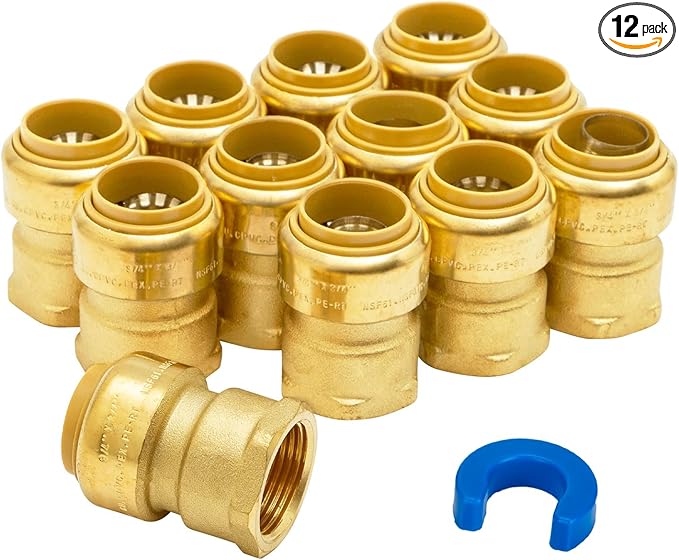 SUNGATOR 3/4 Inch x 3/4 Inch FNPT Adapter, 3/4 Inch Female Adapter, No Lead Brass Push-to-Connect Plumbing Fitting for PEX Pipe, Copper, CPVC, With 1 Disconnect Clip, Pack of 12