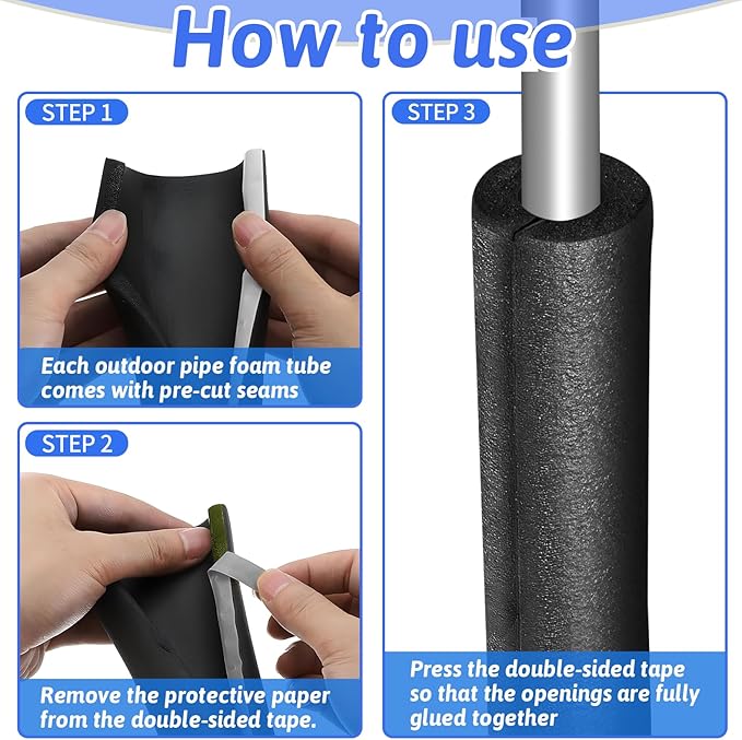 16 Pack Pipe Insulation Foam Tube, 3/4'' Self Adhesive Pre Slit Foam Pipe Covers Polyethylene with Double Sided Tape for Spigot, Winter Outside Pipes, Water Heater Pipes Freeze Protection