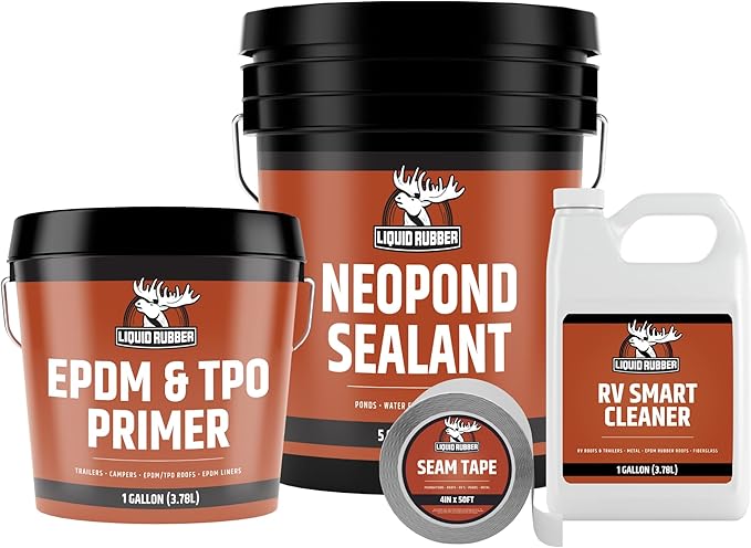 Liquid Rubber NeoPond Waterproof Pond Sealant - Fish and Plant Safe Waterproofing Membrane for Water Features Kit- Includes 5g Sealer, 1 Gallon EPDM Primer, 1 Gal RV Smart Cleaner, Seam Tape 4" x50'