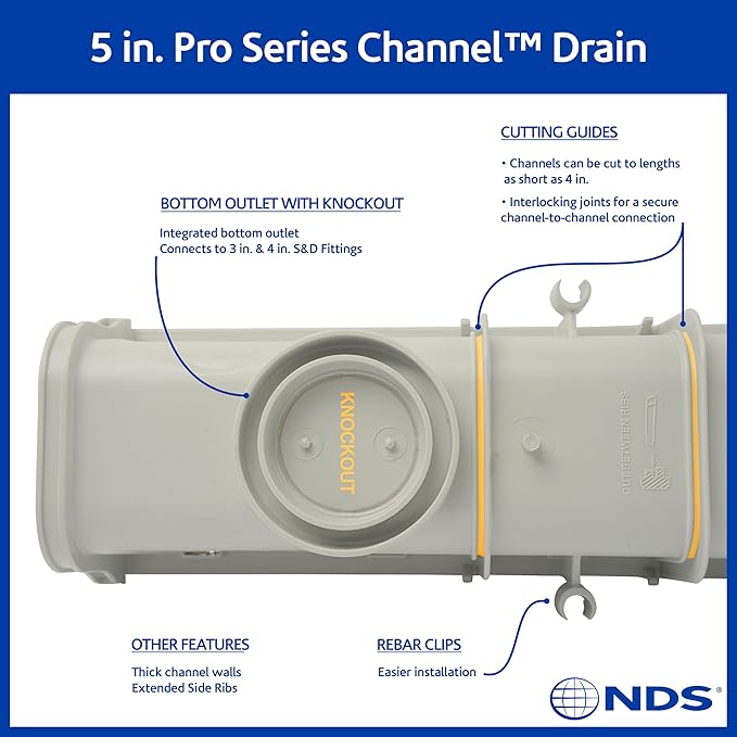 NDS 5” Pro Series Deep Profile Channel Drain Kit With HDPE Plastic Grates and End Caps, Trench & Channel Drainage For Driveway, Patio, Pool Deck, Courtyard, 5.5” x 39.4”, Gray
