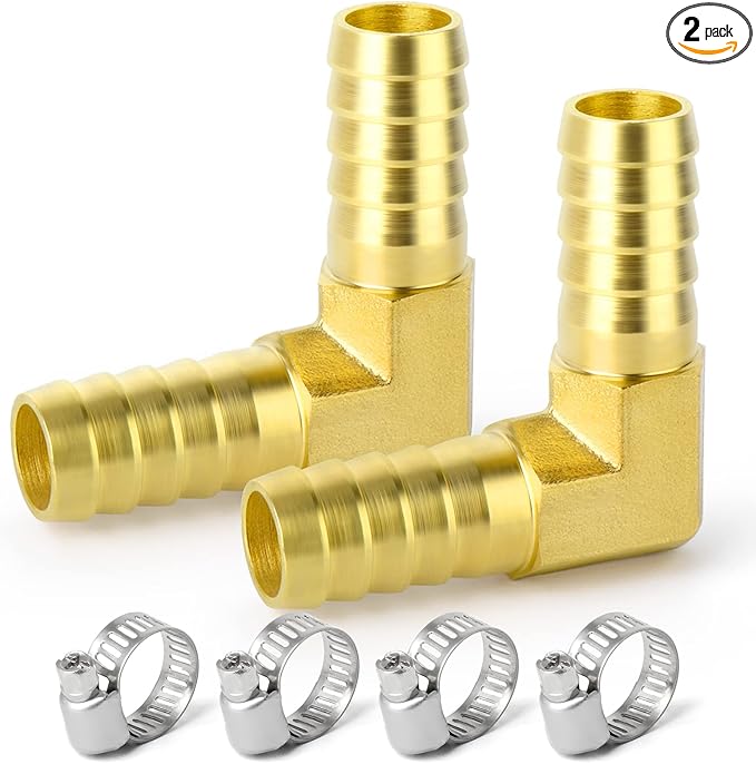 GASHER 2 Pieces Brass Hose Barb Reducer, 3/8 Inch to 3/8 Inch Hose ID 90 Degree L Right Angle Elbow with 4 Hose Clamps, Brass Barb Reducer SPLICER Fitting Fuel/AIR/Water/Oil/Gas/WOG