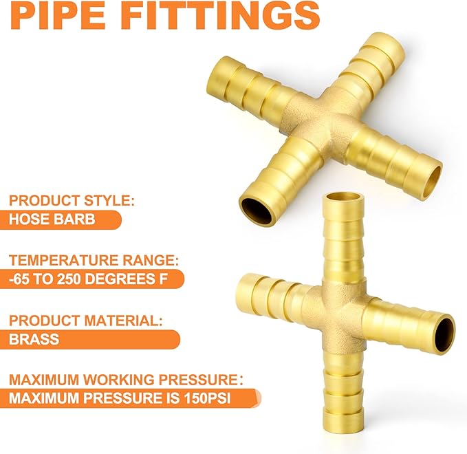 GASHER 2PCS 3/8" Brass Hose Barb, 4-Way Fitting with 8 Clamp Intersection/Liquid/Fuel/Air