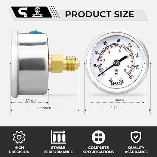 0-160 Psi Low Pressure Gauge, 2" Dial Size, 1/4 NPT Back Mount, Stainless Steel Case for Water Pressure Gauge Test for Water Pipe, HVAC(with Tape)