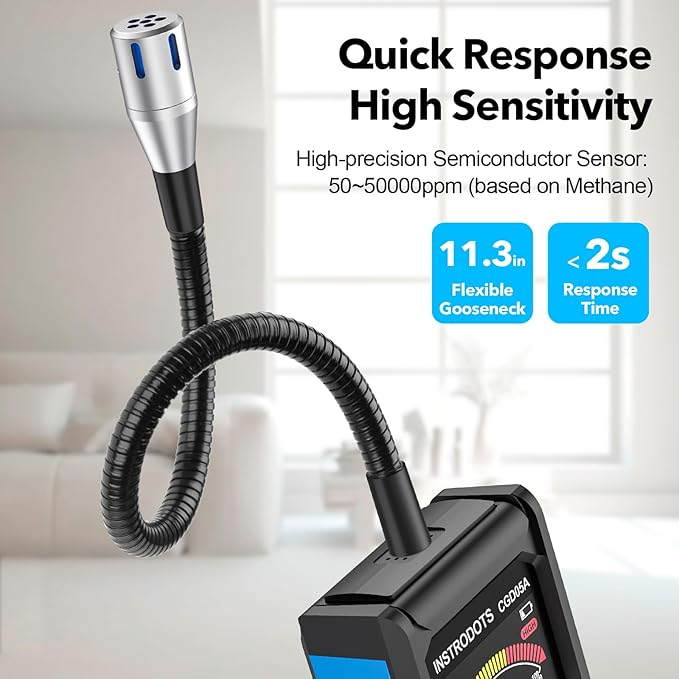 Natural Gas Detector, Gas Leak Detector with Audible & Visual Alarm, Rechargeable Gas Sniffer with 11.3-inch Gooseneck, Locating Propane, Natural Gas, Combustible Gas Leak for Home and RV