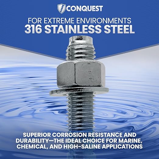 Conquest 316 Stainless Steel Concrete Wedge Anchors 1/4" x 1 3/4" - Heavy Duty Anchor Bolts for Marine, Coastal, and Outdoor Environments (100 Pack)