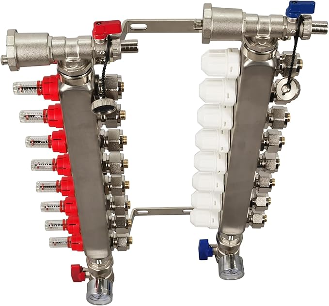 8 Branch PEX Radiant Floor Heating Manifold Set Floor Heating Water Distributor 1/2" Pipe Adapter 304 Stainless Steel and Brass, for Heating Systems
