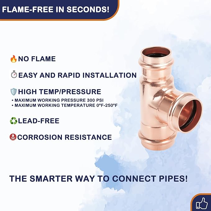 Copper Press Fittings 3/4 inch Tee Copper Coupling PxPxP 10-Pack Zero Lead Copper Pipe Press Fittings for Residential Commercial