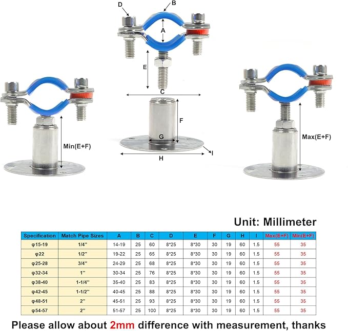 Kodilin 4PCS 304 Stainless Steel Wall Mount Ceiling Mount Pipe Supports,Suitable for OD Pipe 3/4"(25-28mm),Adjustable Height 30-50mm,Adjustable Pipe Strap Clamp with Screws