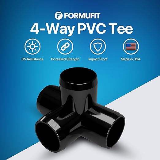 FORMUFIT 3/4” 4-Way Tee Furniture Grade PVC Fitting in Black, Made in USA, UV-Resistant, Impact-Proof, 1.050” Actual Socket Diameter (Pack of 8) - F0344WT-BK-8