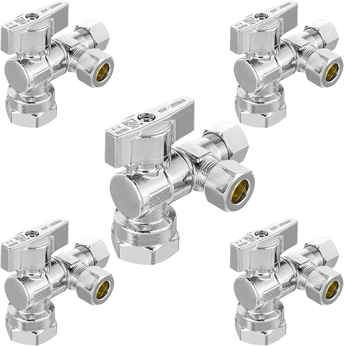 5-PCs HeSun Quarter-Turn Angle Stop Valve, 1/2" FIP x 3/8" OD Comp x 3/8" OD Comp, Dual Compression Outlet Shut Off Valve, PEX Chrome Plated Brass(VALVE209-5)