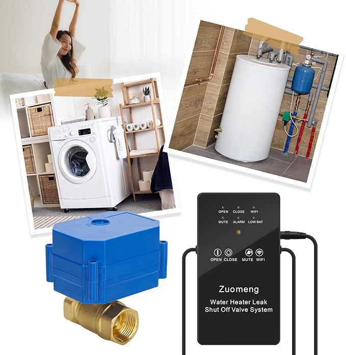 Smart Water Heater Remote Stop Valve with Leak Sensor, Automatic Shutoff, Water Leak Alert Push, 3/4"NPT 150PSI Brass Valve