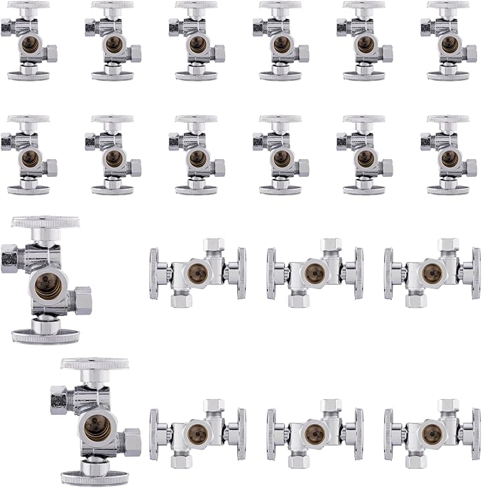 20-Pack Foskan Dual Compression 1/4 Turn Angle Stop Valve with 2 Shut Off Valve/Handles,1/2" NOM (5/8" OD) x 3/8" OD x 3/8" OD,Chrome Plated Brass