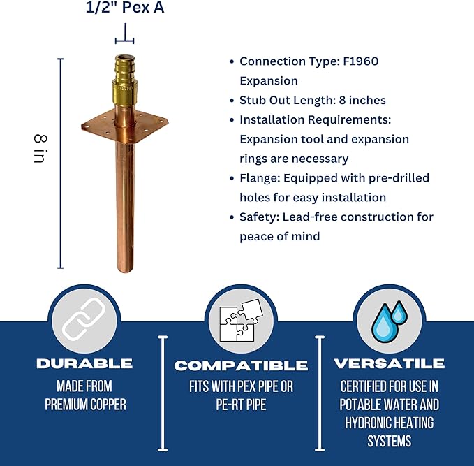 XFITTING 1/2 inch Pex A Expansion Stub Out Straight with Flange 4 inch x 8 inch, 30-5-6=5X, 5 Pieces