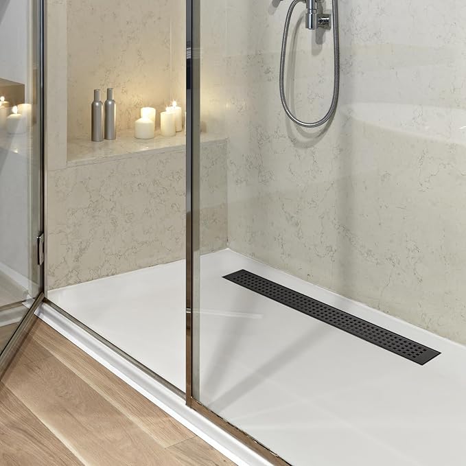32 Inch Removable Cover Linear Shower Drain 304 Stainless Steel Rectangular Floor Drain for Kitchen Bathroom Square Hole Drain with Accessories Hair Strainer Adjustable Leveling Feet (Matte Black)
