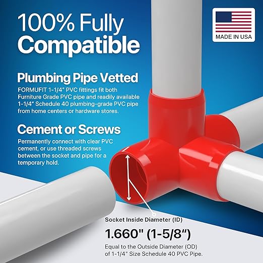 FORMUFIT 1-1/4” 4-Way Tee Furniture Grade PVC Fitting in Red, Made in USA, UV-Resistant, Impact-Proof, 1.660” Actual Socket Diameter (Pack of 4) - F1144WT-RD-4