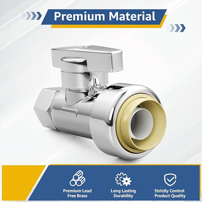 Push-Fit Straight Stop Valve 10-Pack, 1/2" Push x 3/8" OD Compression, 1/4 Turn Water Shut Off, Chrome Finish,Solid Brass,for Bathroom Sink PEX Pipe,Copper,CPVC