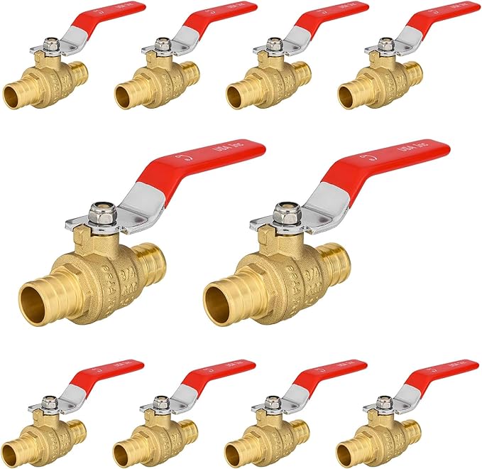 10-Pack Foskan 3/4 Inch PEX Crimp Full Port Ball Valve with Red Handle, Brass Quarter Turn Shut-off Valve for PEX Tubing