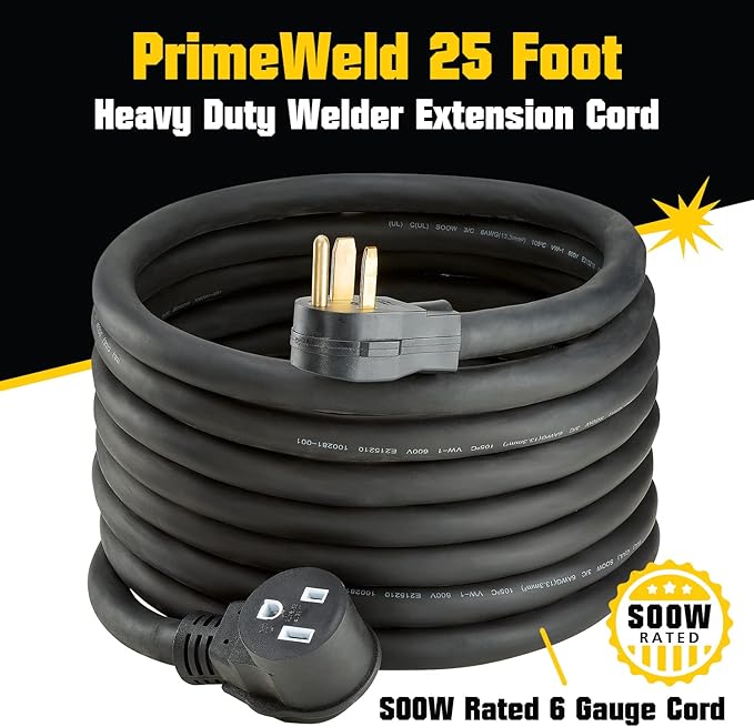 PrimeWeld Welder Extension Cord, SOOW Rated, 50 amp, 250v NEMA 6-50 Heavy Duty Welding Cable, 6 Gauge, (25ft)