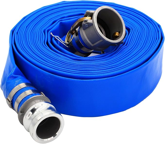 DAVCO 1-1/2" ID x 50 ft PVC Lay Flat Discharge Hose with Aluminum Camlock C and E Fittings, Heavy Duty Reinforced Blue Backwash Pump Hoses for Swimming Drain Pools and Clean Filters
