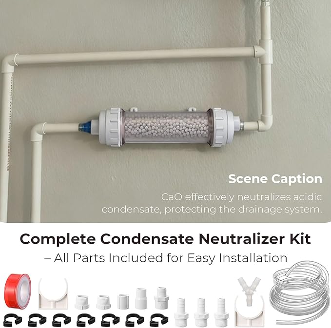 Lounsweer Condensate Neutralizer Kit with 925g Ceramic Balls, Transparent Tube with Complete Fittings, Wall-Mount Clamps, PVC Tubing & PTFE Tape, etc. for HVAC Furnace and Boiler, Replaceable Media