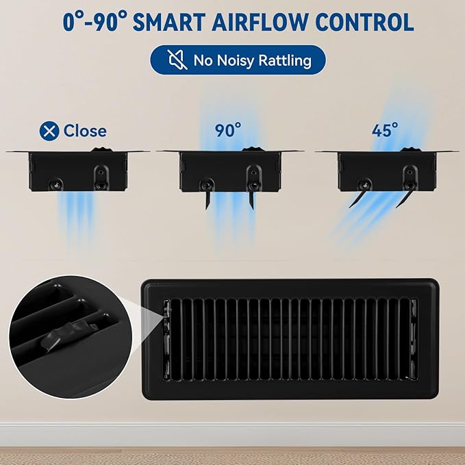 4" x 12" Floor Register Vent Covers 4-Pack, Walkable Powder-Coated Metal Vent Covers with Adjustable Airflow, Curved Safe Edges for Floor/Wall, Black