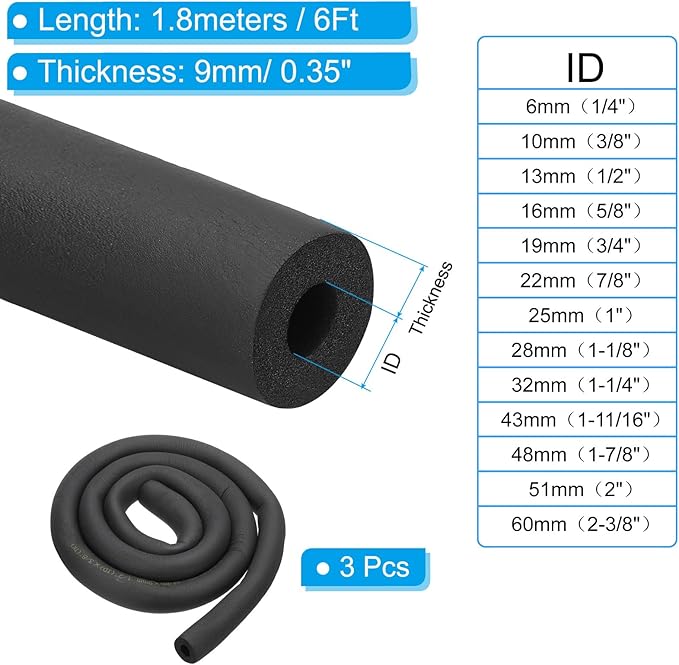 PATIKIL 5/8"(16mm) ID x 6Ft Pipe Insulation Foam Tube, 3Pcs Pipe Cover Wrap Roll Bar Padding Tubing for Handle Grip HVAC Outdoor Air Conditioner Units