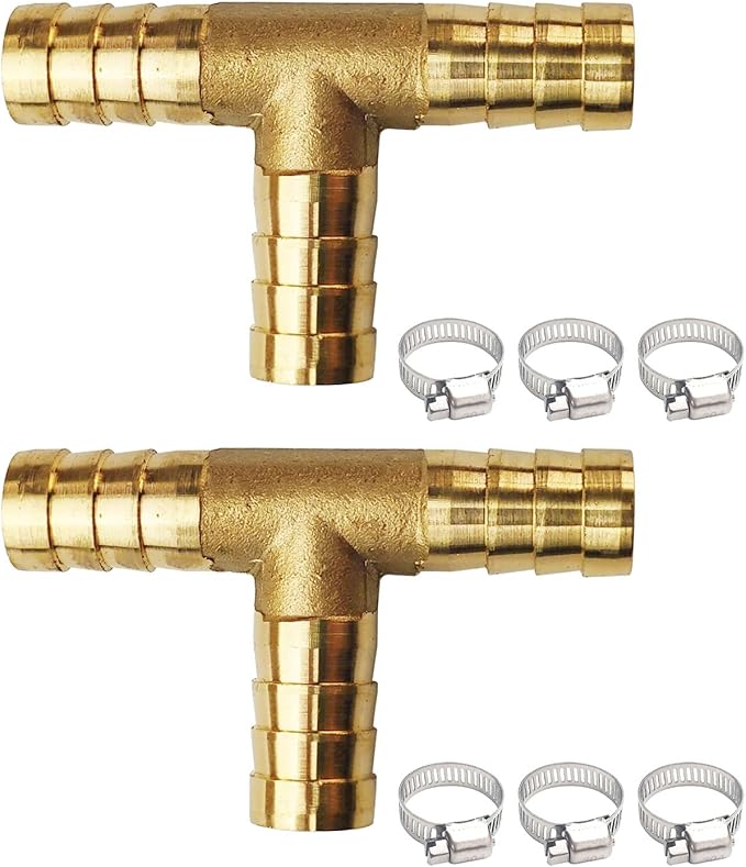 2PCs 3/8" Brass Hose Barb Fitting Tee 3 way Barbed Splicer Mender Union Fitting with 6PCs Hose Clamp for Oil Water Air