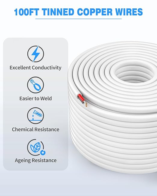 NAOVEO 12 Gauge Wire 2 Conductor Electrical Wire, 12 AWG Stranded PVC Tinned Copper Cable, Flexible/Low Voltage Automotive Wiring for LED Lamps, Marine, Speaker, Appliances (100FT)