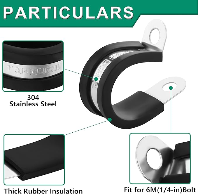 56PCS Cable Clamps Assortment Kit,6 Sizes—1/4" 5/16" 3/8" 1/2" 5/8" 3/4" Stainless Steel Rubber Coated Cushioned Insulated Cable Clamp,Automotive Cable Wire Clamps,Pipe Clamps,Metal Clamp
