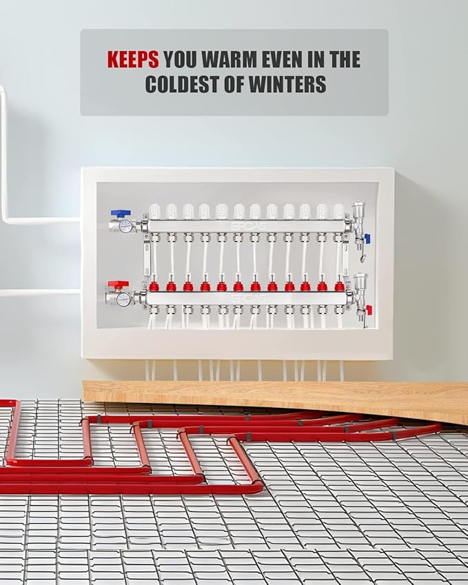 12-Loop Radiant Floor Heating Manifold PEX Tubing Radiant Heat Manifolds with 304 Stainless Steel for 1/2" PEX Tube Hydronic Radiant Floor Heating