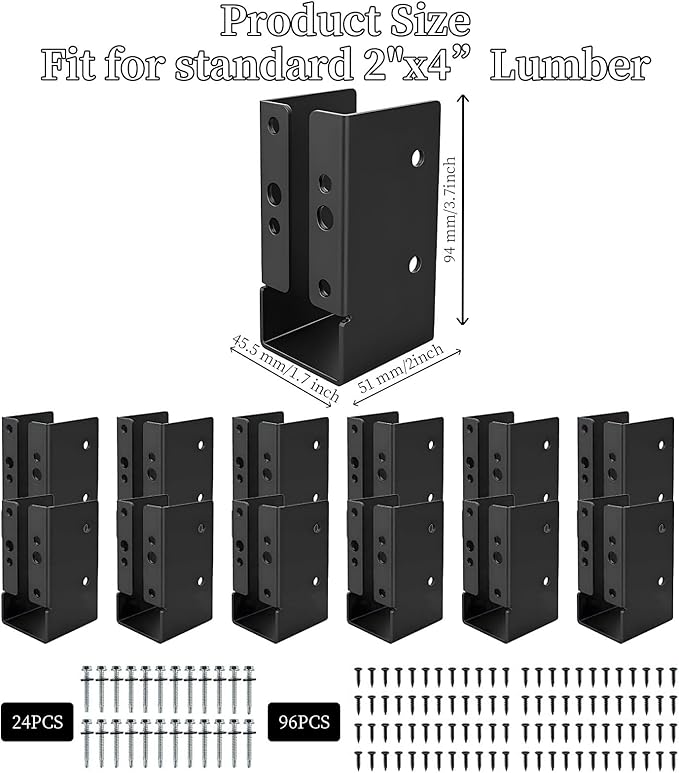 Concealed Joist Hangers, 12 pcs of 2"x4" Outdoor Trim Concealed Flanges with Screws, Q235B Steel Powder Coated Outdoor Mount Joist Hanger for Beam, Swing, Handrail, Fence