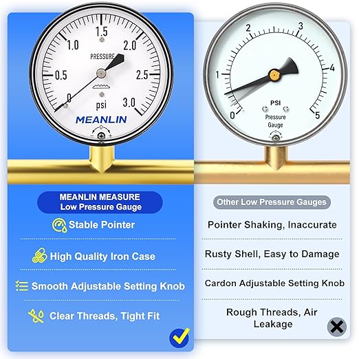 MEANLIN MEASURE 0-3psi Diaphragm Type Capsule Low Pressure Gauge 1/4" NPT 2-1/4" FACE DIAL Adjustable Water Column Gauge, with 1/4" x 1/2" NPT and 1/4" x 3/8" NPT Hex Bushing, Back Mount