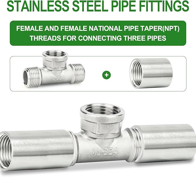 TAISHER 2PCS 304 Stainless Steel Tee Pipe Fittings, 1/2" NPT Male x 1/2" NPT Female x 1/2" NPT Male Pipe Fittings, Female Branch Tee
