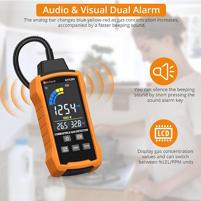 Neoteck Natural Gas Detector 0-9999PPM/0%-20% LEL Gas Leak Detector with 12” Gooseneck Combustible Gas Detector with 3 Sensitive Modes Test Methane Propane Gasoline for Gas Pipeline Gas Stove and RV