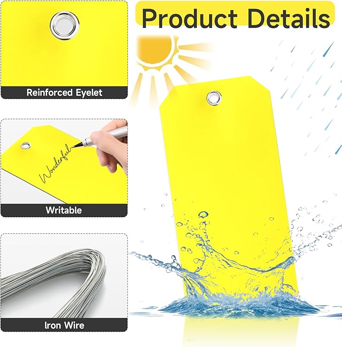200 Yellow Plastic Hang Tags - 6 1/4 x 3 1/8, Heavy Duty, Write On, Ideal for Equipment, Car Parts, Inventory & Repair