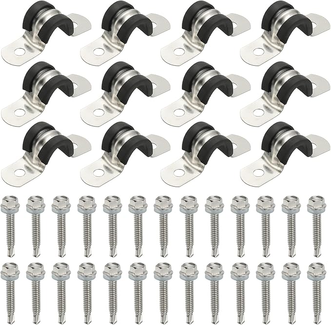 PATIKIL 12Pcs Pipe Clamps, 3/8 Inch 304 Stainless Steel Rubber Cushioned U Bracket Conduit Clamps Pipe Strap Wire Clips with Hexagonal Screw for Tube Hose Cord Installation, 10mm
