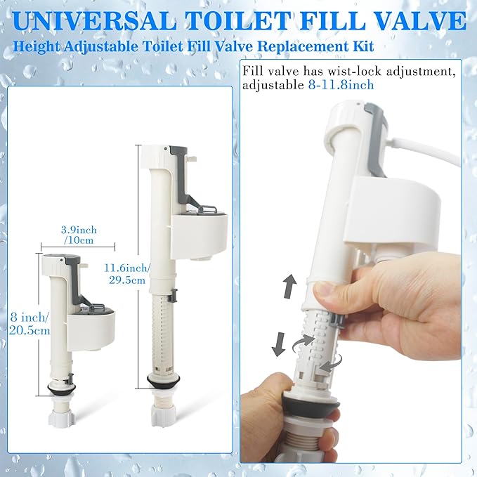 Toilet Fill Valve Replacement Kit, Universal Height Adjustable Toilet Repair Kit Inside Tank Anti Siphon Water Valve With G3/4 Connection, Equipped With G1/2 Adapter for Fast Install