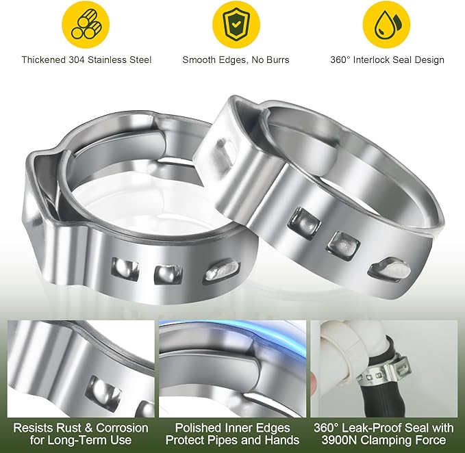 60 Pack 1 Inch PEX Cinch Clamps Rings, Heavy Duty 304 Stainless Steel Pex Crimp Rings, Thickened Single Ear Hose Clamps for PEX Tubing Pipe Fitting Connections
