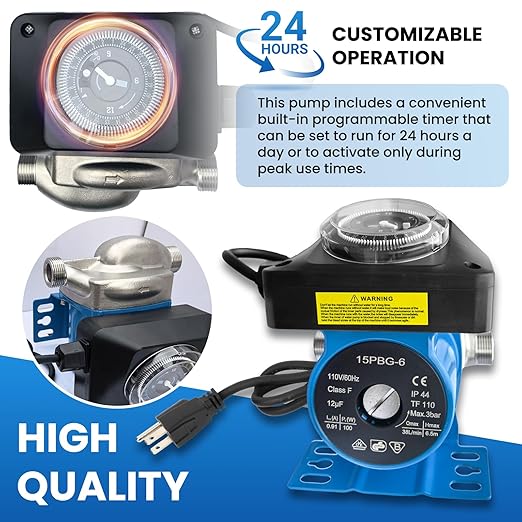 Instant Hot Water Recirculating Pump Replacement Kit for Tank Water Heater, House Circulation Pump w/Programmable Timer, 2 Brass Sensor Valves (595926), 4 Lines & Adapters, Replaces 0955805 & 595916
