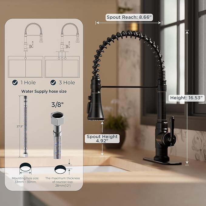 FORIOUS Antique Kitchen Faucet with Pull Down Sprayer, Oil Rubber Bronze, High Arc Single Handle Vintage Spring Sink Faucet 1 or 3 Hole for Pot Filler, Farmhouse Camper Laundry Camper