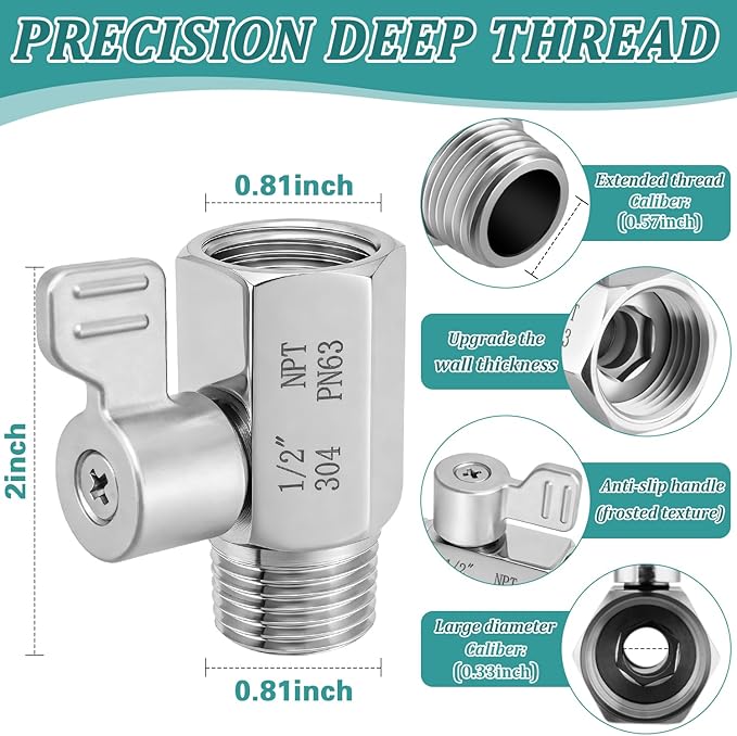 Shower Head Shut Off Valve 304 Stainless Steel Mini Ball Valve(1/2" Female X Male) NPT Thread Water Flow Control，RV Shower Head with Hose Flow Restrictor