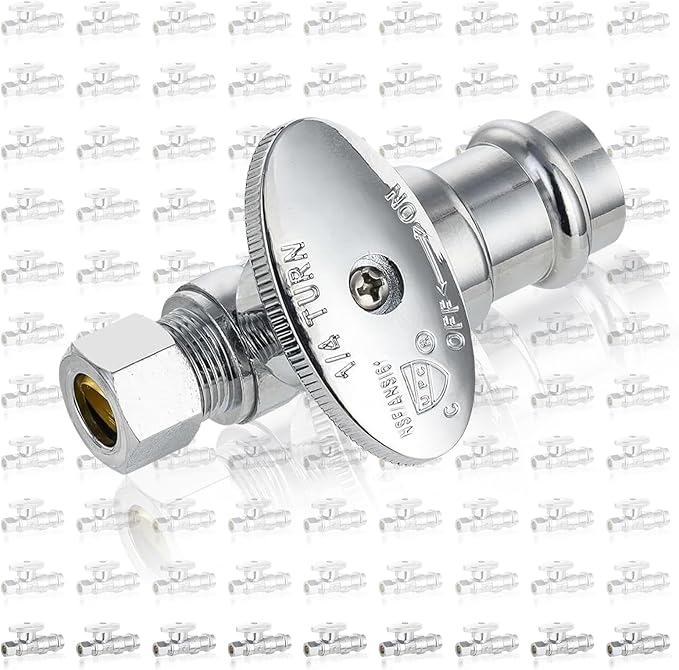 100-Pack GUOFIS Straight Stop Valve,1/2" Nominal Press Inlet x 3/8" OD Compression Outlet,1/4-Turn Shut-off Valve for Potable Water(Chrome Plated)(VALVE397-100Pack)