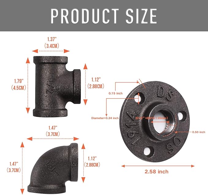 1/2" Floor Flange/Elbow/Tee Combo, 40 Pack Pipe Fitting for Industrial vintage style, DIY Project/Furniture/Shelving Decoration (40, 1/2 Inch)