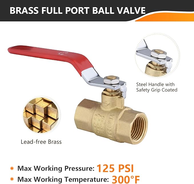 5-Pack HeSun 1/2 Inch FIP Threaded Ball Valve, Brass Full Port Shut-off Valve,1/2" Female NPT x 1/2" Female NPT, 600 WOG (Water, Oil and Gas),Red(VALVE034-5)