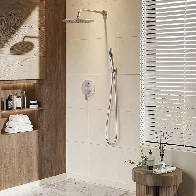Gabrylly Shower System, Wall Mounted Shower Faucet Set with Shower Valve, High Pressure 10" Rain Shower head with Handheld Spray Combo, 2 Way Rainfall Shower Head Set, Brushed Nickel