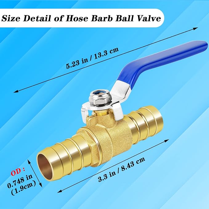 Brass Hose Barb Ball Valve Kit-2pcs 3/4'' Heater Hose Shut Off Valve with Stainless Steel Clamps-High Temperature Resistance Shut off PEX Ball Valve for Water, Oil, Gas, Fuel line Fittings