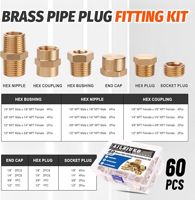 60pcs Brass Pipe Fittings Assortment Kit,Reducer Bushing,Hex Nipple,Reducing Hex Coupling,Hex Heand Plug,End Cap and Socket Plug Fitting Kit