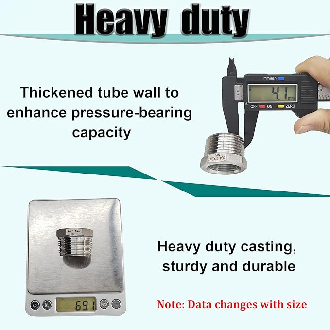 1/2" NPT Male to 3/8" NPT Female Hex Bushing Reducer, 304 Stainless Steel NPT Reducing Adapter Pipe Fitting, Heavy Duty Pipe Hex Bushing for Reducing Pipe (1/2” MNPT x 3/8” FNPT)
