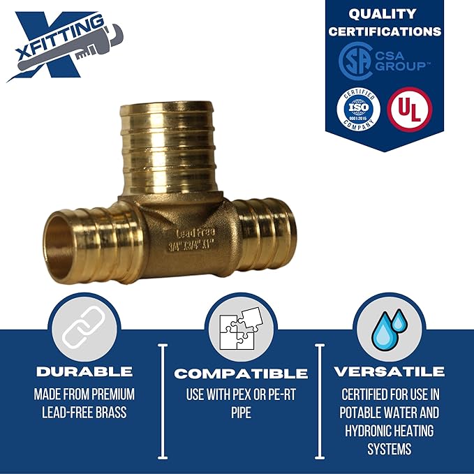 XFITTING 1", 3/4", 1/2" Pex Reducing Tee, Pex B Crimp Version (5, 3/4"x3/4"x1")