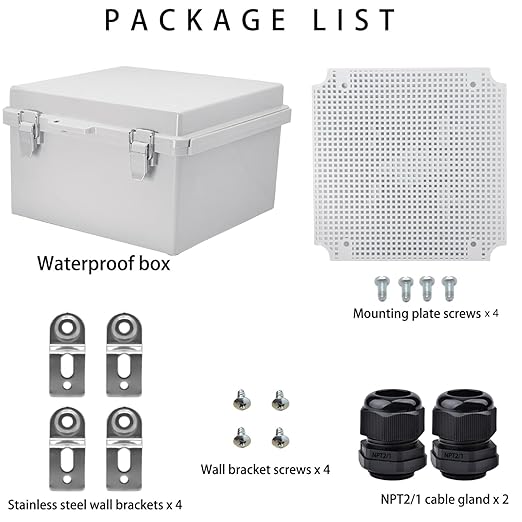 Waterproof Electrical Box with Mounting Plate, IP67 Junction Box Stainless Steel Latch Hinged Grey Cover Project Enclosure with Wall Bracket and 2 Glands 8.3" x 8.3" x 5.1"